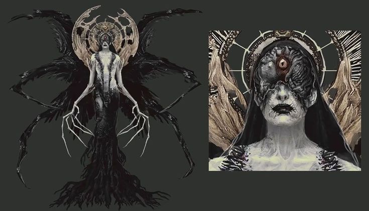 two different images of an alien woman with large, black eyes and long hair on her head