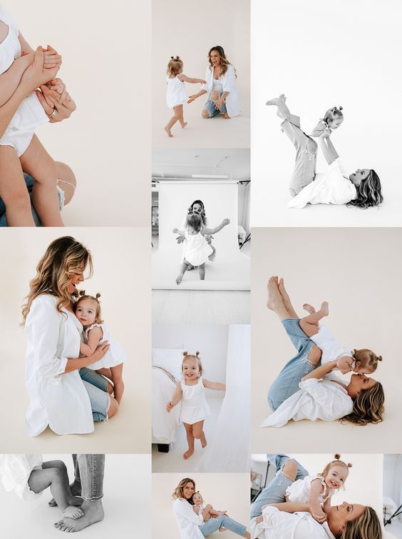 a collage of photos shows a woman holding a baby and playing with her mother