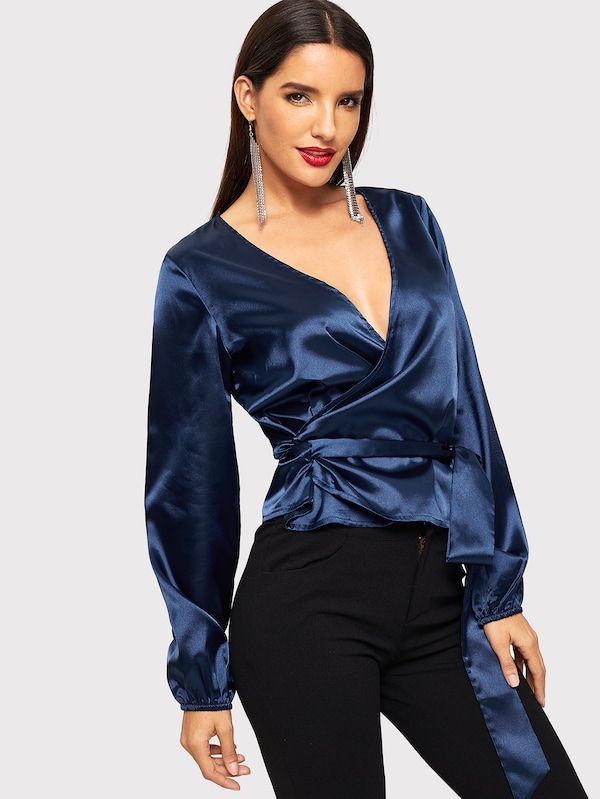 Satin Wrap Blouse, Satin Wrap Top, Buy Blouse, Navy Blue Top, Timeless Wardrobe Staples, Fashion Nova Models, Women Blouses, Satin Blouse, Wrap Blouse