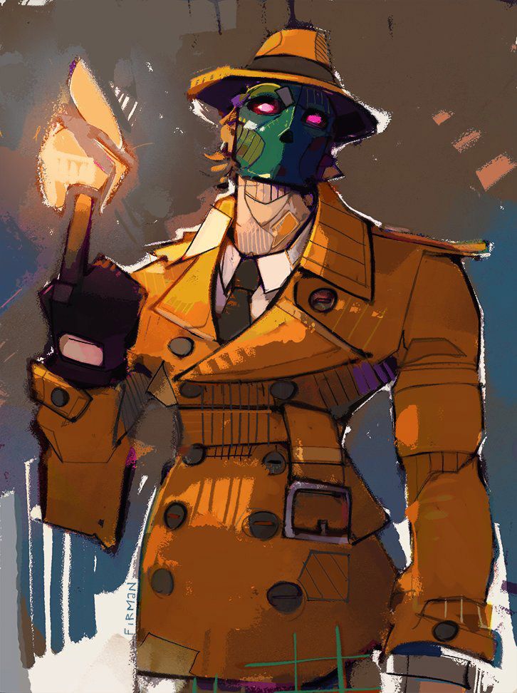 a drawing of a man in an orange trench coat and hat holding a lit candle