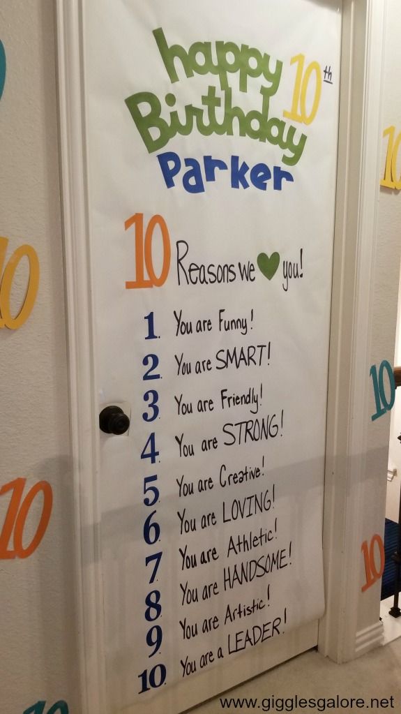 a birthday party door is decorated with the words happy birthday parker and 10 years ago