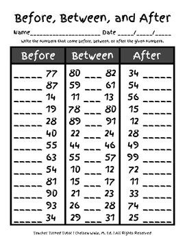 the before, between and after table with numbers to be written in black on white