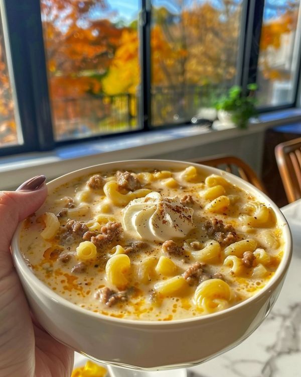 a person holding a bowl of macaroni and cheese soup in front of a window