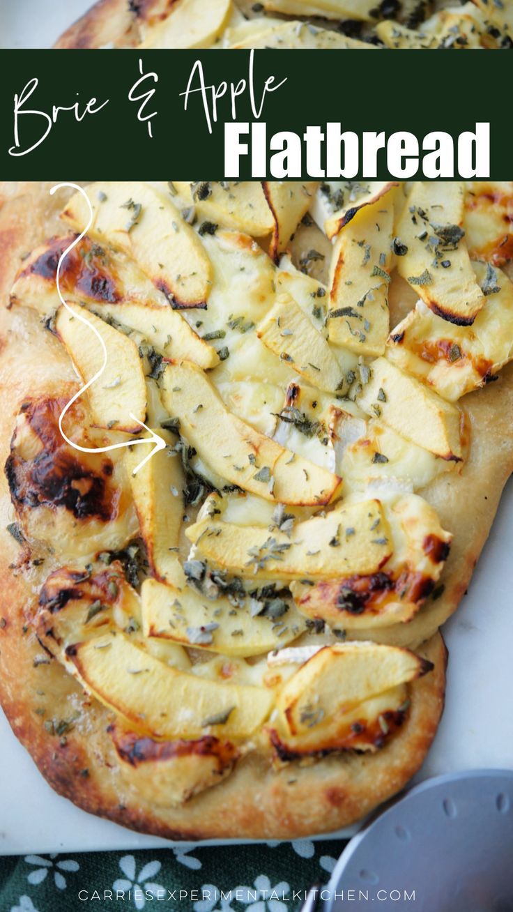 a flatbread pizza with potatoes and herbs on it is sitting on a plate next to a spatula