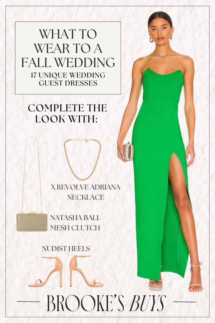 Be the best-dressed guest with these stunning fall wedding guest dresses. Ideal for September, October, and November weddings, these fall dress outfits are perfect for both formal and semi-formal events. Stay elegant and stylish with options that can be paired with boots for a cozy fall look. Gathered Maxi Dress, Wedding Guest Outfit Fall, Emerald Green Dresses, Fall Wedding Guest, Fall Wedding Guest Dress, Fall Dress Outfit, Wedding Guest Looks, Strapless Midi Dress, Elegant Fall