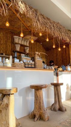 the inside of a restaurant with tables and stools