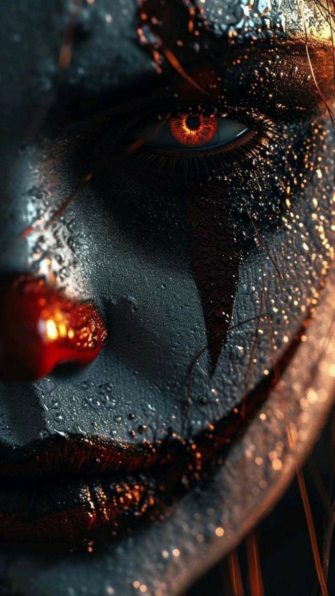 a close up of a woman's face with red eyes and black make - up