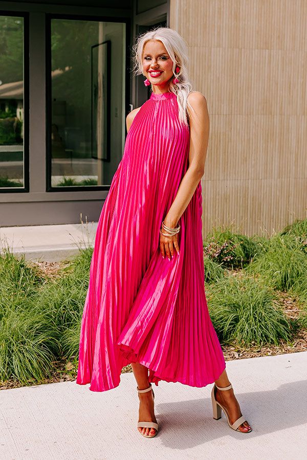 - This flowy dress is perfect for a post-worthy beachside pic! - Pleated material with a satin finish - A built-in lining ending mid-thigh - A halter tied neckline - A waistline with elastic detail - A relaxed silhouette that ends in a pleated maxi length hemline Measurements S : Bust 30", Hip 44", Length 47", Waist 38". M : Bust 32", Hip 46", Length 48", Waist 40". L : Bust 34", Hip 48", Length 48.5", Waist 42". Pink Flowy Dress, Pleated Maxi, Flowy Dress, In Hot, Satin Finish, Hot Pink, Built In, Satin, Elastic