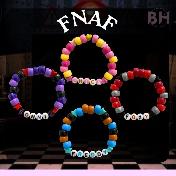 Bracelets for the fnaf lovers… the og animatronics! 4 Matching Bracelets, Fnaf Friendship Bracelet, Fnaf Bead Bracelets, Brainrot Bracelets, Kandi For Beginners, Cartoon Bracelet Ideas, Fnaf Kandi Bracelet, Kandi Bracelets Matching, Fnaf Craft Ideas