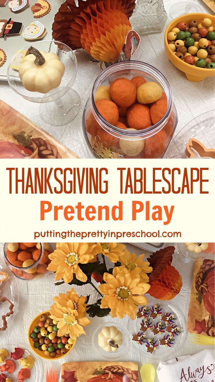 This Thanksgiving tablescape pretend play setup incorporates loose parts in a big way. It's an easy center to include in harvest celebrations. Preschool Thanksgiving Dramatic Play Ideas, Thanksgiving Preschool Dramatic Play, Dramatic Play Thanksgiving Preschool, Thanksgiving Dramatic Play Center, November Dramatic Play Ideas, Thanksgiving Dinner Dramatic Play, Dramatic Play Thanksgiving, November Dramatic Play Center, Thanksgiving Pretend Play