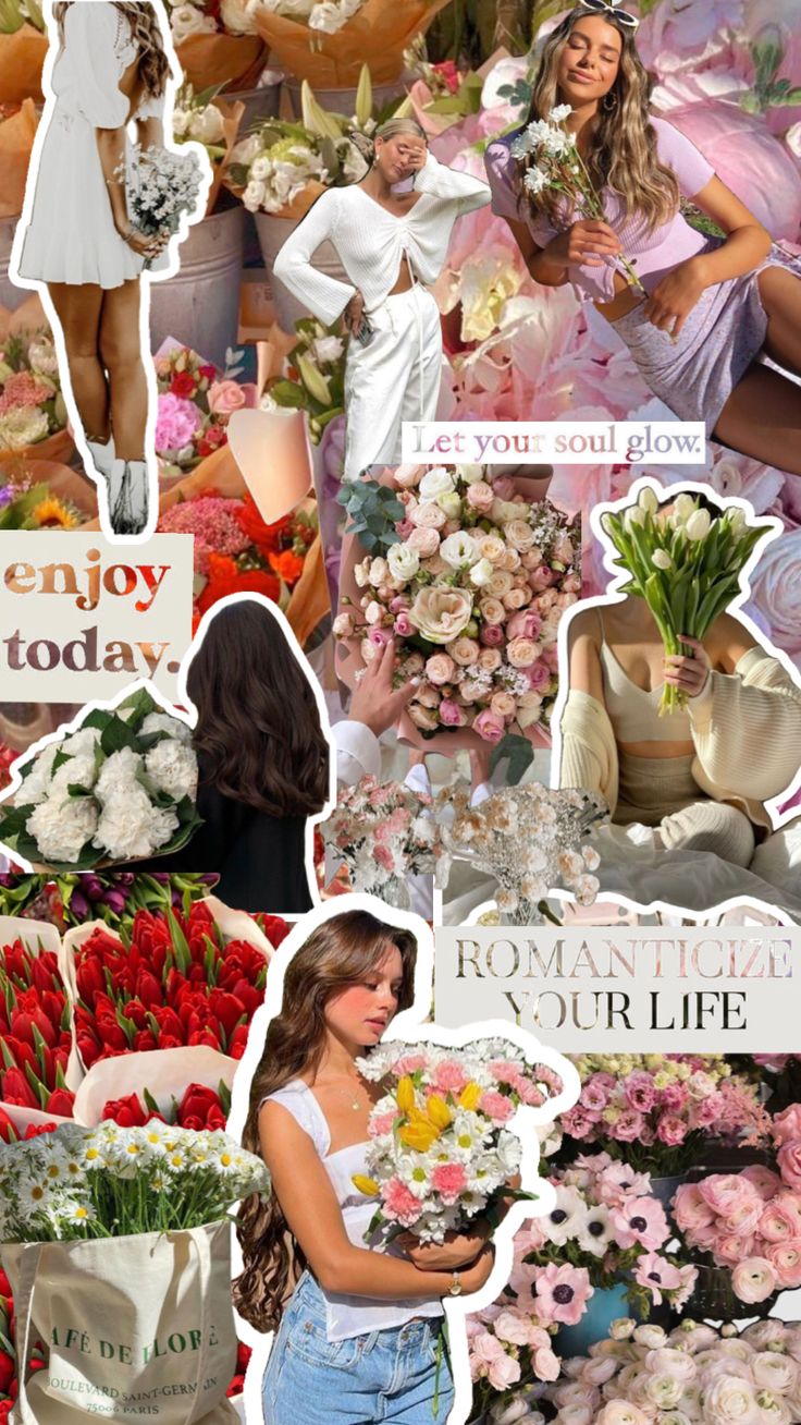 a collage of photos with flowers and words