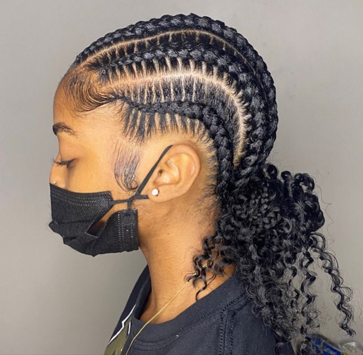 Feed In Braid Bun With Curly Hair, Bohemian Feed In Braids Bun, 2 Buns Cornrow Hairstyles, Feed In With Curly Bun, Braid Bun With Curls, Feed Ins With Bun In The Back, Feed Ins Bun, Braided Buns With Curls, Braids To The Back For Black Women Bun