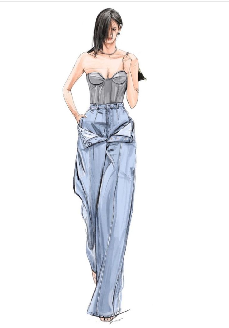 a drawing of a woman in overalls and heels