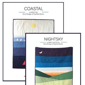 three quilts in different colors and patterns, each with an image of the night sky