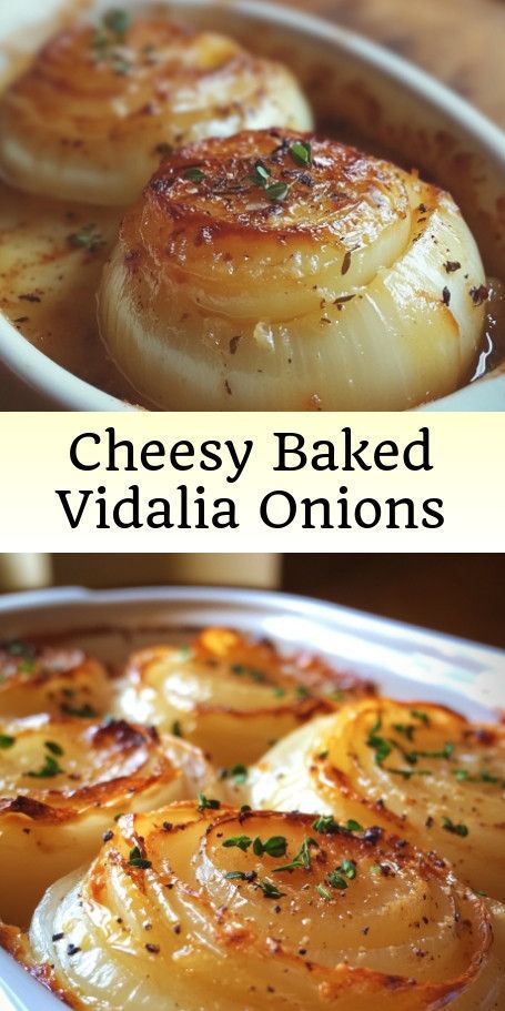 two pictures showing different types of baked vegetables in white dishes with text overlay that reads cheesy baked vidala onions