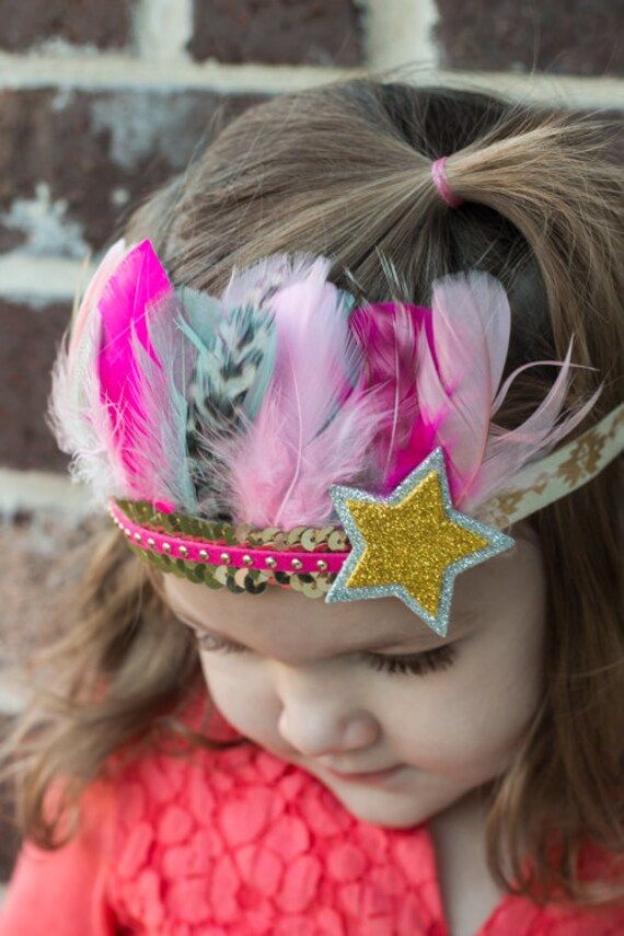 Aqua pink and gold feathers are combined with speckled gray and brown feathers. Lined with a sequin band and suede trim.  Customize this listing to whatever colors fit your taste.  Each headband is handmade with love and can differ slightly from the original. Each one is stunning! This is gorgeous for ALL ages. Please add in the notes section the size/age you would like it to fit. Great for babies all the way to adults! Headband has small parts and should not be left on babies and children witho Wacky Hair Day, Feather Crown, Diy Confetti, Kid Cupcakes, Wacky Hair Days, Gray And Brown, Band Kid, Wacky Hair, Feather Headband