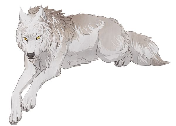 a drawing of a white wolf with yellow eyes