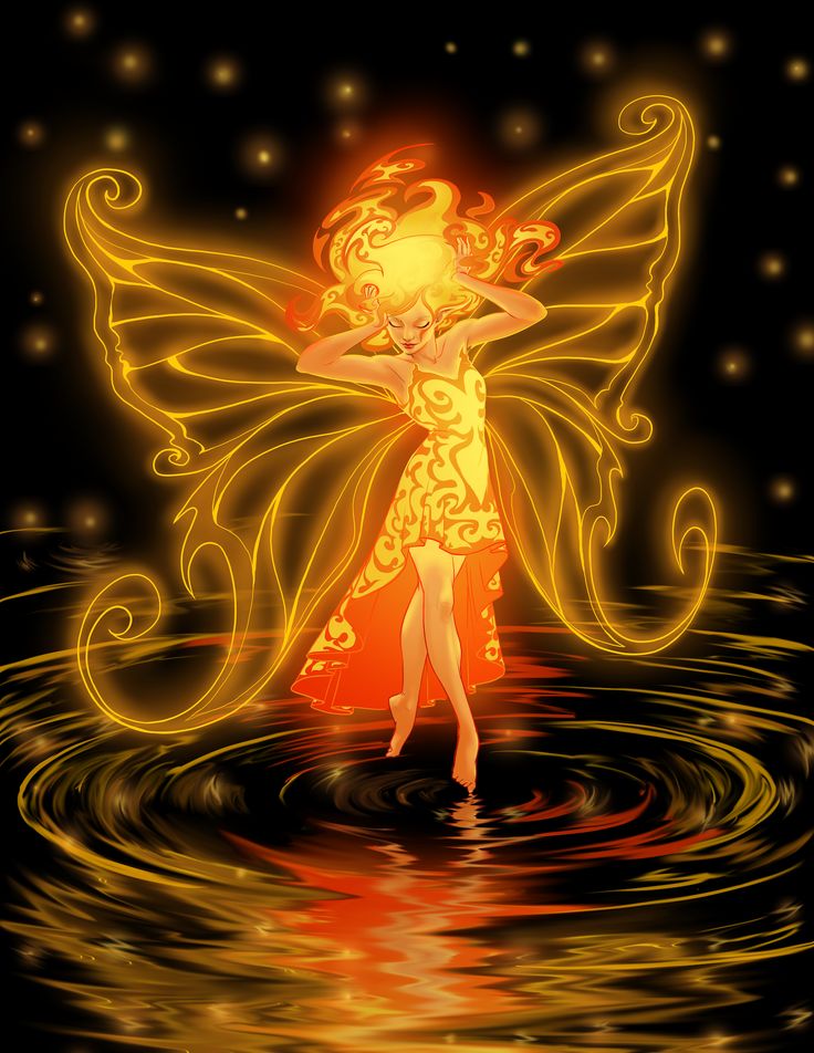 a yellow fairy standing in the water with her wings spread out, holding a glowing ball