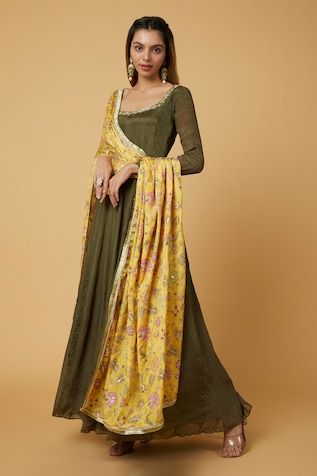 Mehendi green long sleeves flared anarkali with zardozi bloom embroidery on the neckline. Paired with a legging and a yellow floral garden printed dupatta with kiran lace border detailing. - Aza Fashions Navratri Long Sleeve Salwar Kameez With Sheer Dupatta, Transitional Green Anarkali Set With Chikankari Embroidery, Green Anarkali Set With Chikankari Embroidery For Transitional Season, Transitional Green Floor-length Salwar Kameez, Green Chanderi Long Sleeve Sharara, Green Anarkali Dupatta For Transitional Season, Transitional Season Green Salwar Kameez In Maxi Length, Green Long Sleeve Chanderi Sharara, Green Anarkali Churidar With Sheer Dupatta