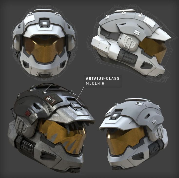 three views of the helmet and visor design for an upcoming sci - fi film