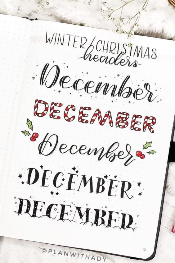 Winter Christmas headers lettering by @planwithady Birthday Calligraphy, Bullet Journal Christmas, Bullet Journal Titles, Bullet Journal Headers, December Bullet Journal, Title Ideas, Bullet Journal Banner, Journal Fonts, Bullet Journal Notes