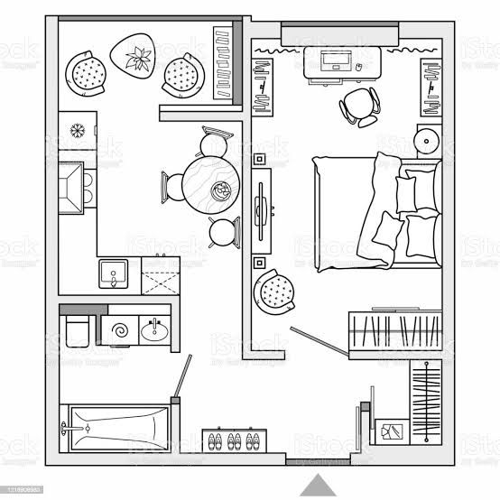 a floor plan for a small apartment with furniture and kitchen royalty illustration on white background