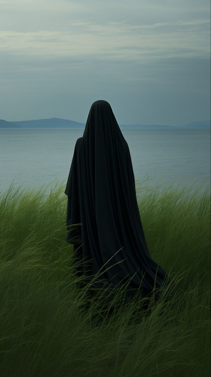 a woman in a black cloak is sitting by the water looking out at the grass