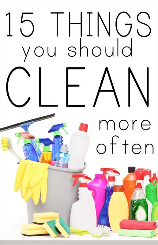 a bucket full of cleaning supplies with the words 15 things you should clean more often