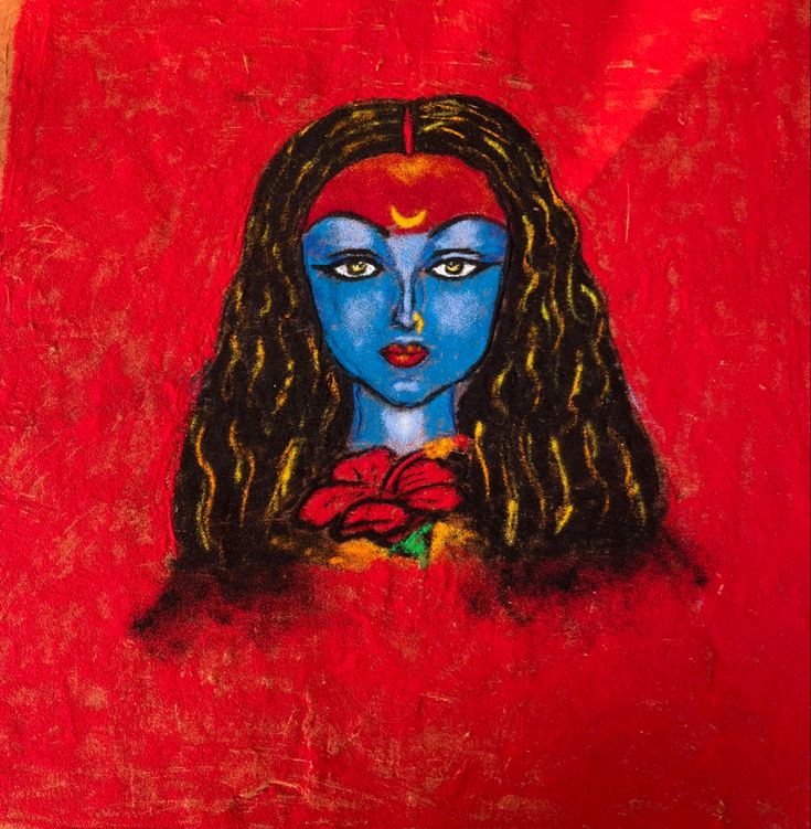 a painting of a woman with long hair and blue skin on her face is shown