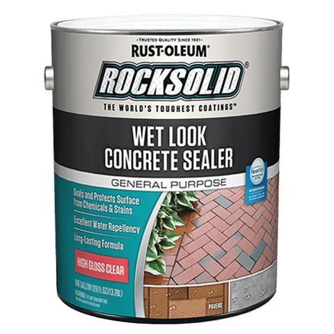 a can of rust - oleum rocksolid wet look concrete sealer on a white background