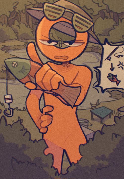 an orange cat with sunglasses holding a fish in its paws and pointing at it's tail