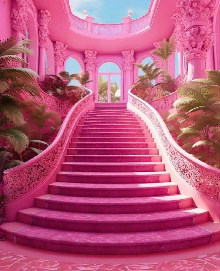 a pink staircase leading up to a skylight with palm trees on either side and potted plants in the middle