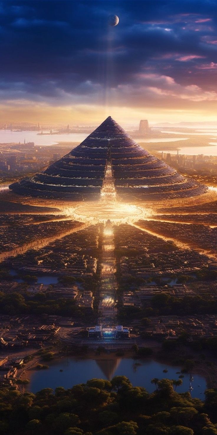 an aerial view of the pyramid at sunset