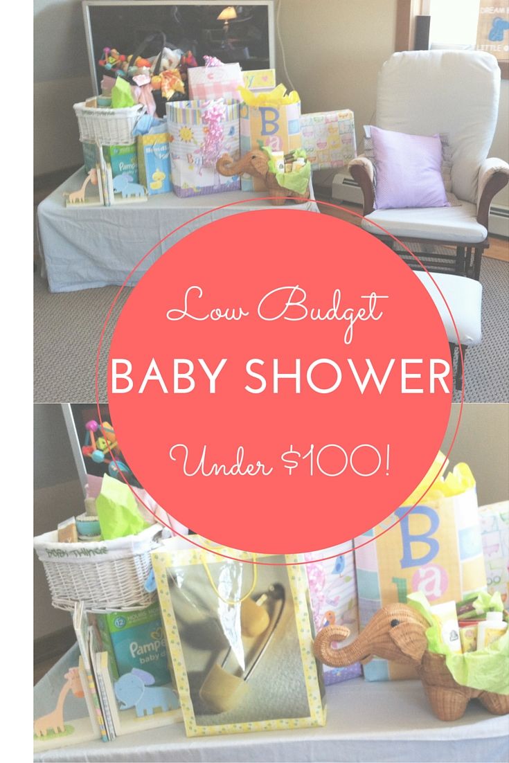 a baby shower table with toys on it and the words low budget baby shower under $ 100