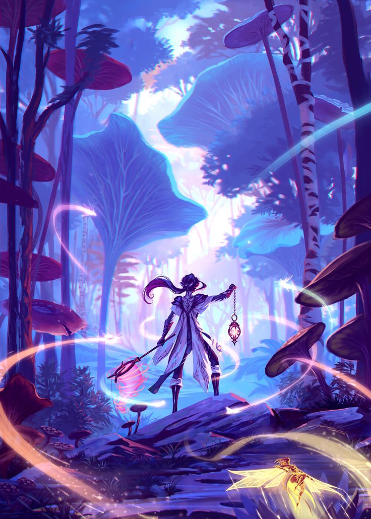 a woman holding a lantern in the middle of a forest filled with trees and mushrooms