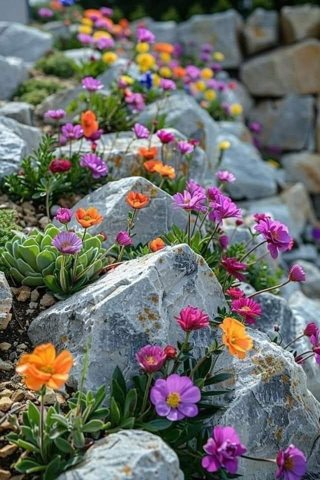 colorful flowers are growing between large rocks