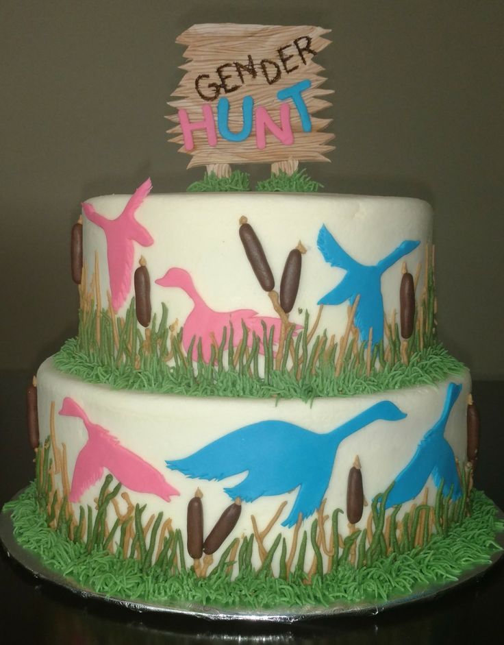 a three tiered cake with grass and birds painted on the side, along with a wooden sign that says gender hunt