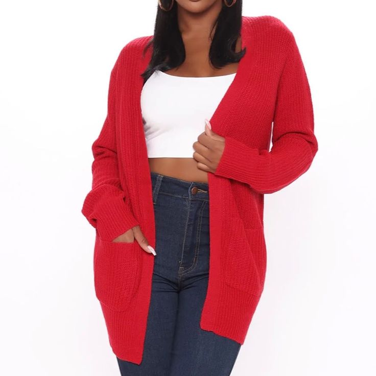 Fashion Nova Cardigan Long Sleeve Red 2 Pockets Brand New With Tags Trendy Red V-neck Cardigan, Red V-neck Cardigan For Work, Chic Red V-neck Outerwear, Red Cardigan For Spring Day Out, Red Long Sleeve Cardigan For Day Out, Trendy Red Winter Cardigan, Red Solid Color Casual Cardigan, Red Open Front Cardigan For Fall, Casual Red Open Front Top