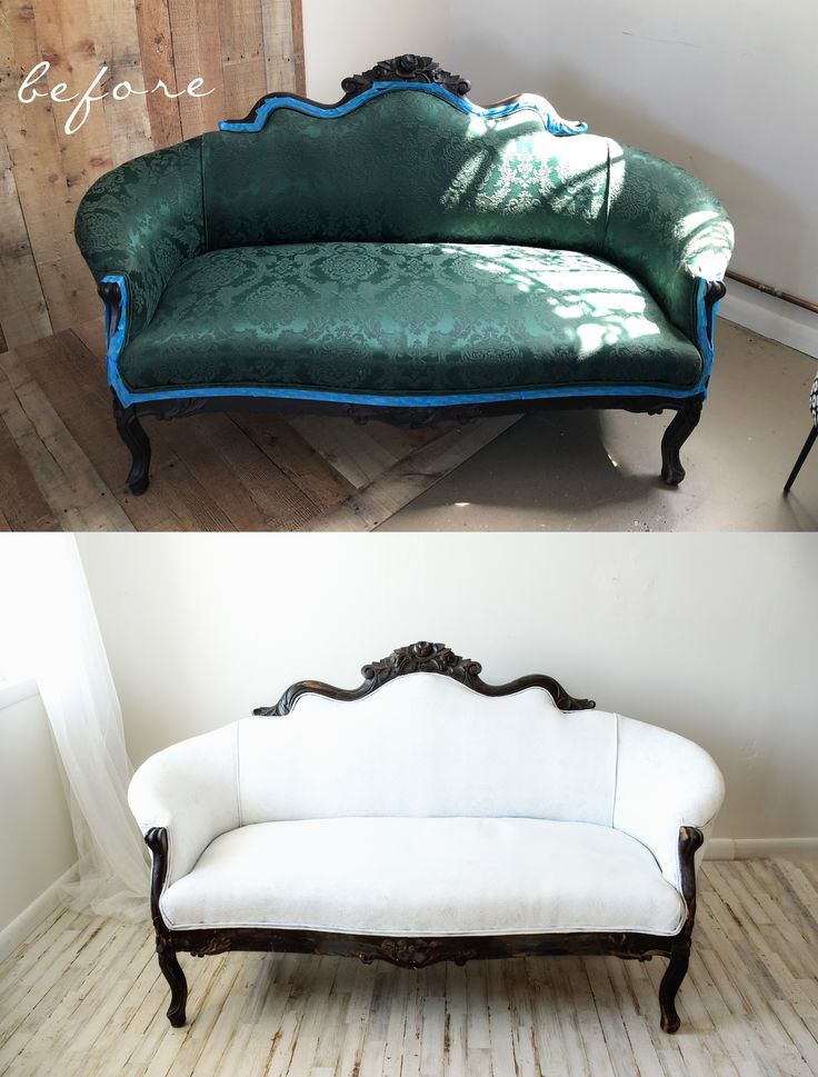 the before and after photos show how to reupholate an old couch