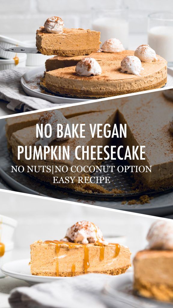 no bake vegan pumpkin cheesecake on a plate with the words, no bake vegan pumpkin cheesecake