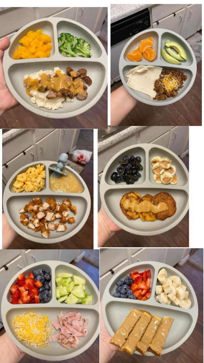 four pictures show different sections of a plate with food in it, including crackers and fruit