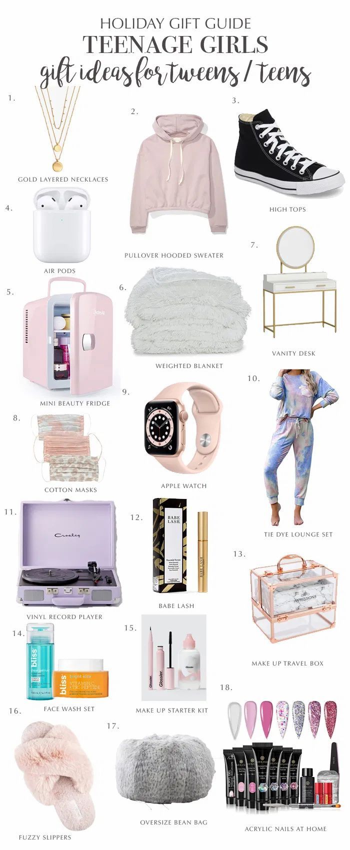 the holiday gift guide for teenage girls includes gifts, makeup and other personal care items