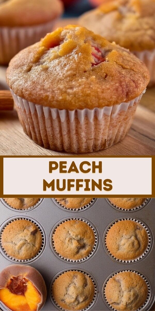 peach muffins in a muffin tin with the words peach muffins above them