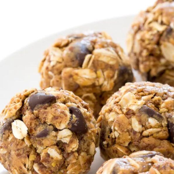 chocolate chip oatmeal energy bites on a white plate