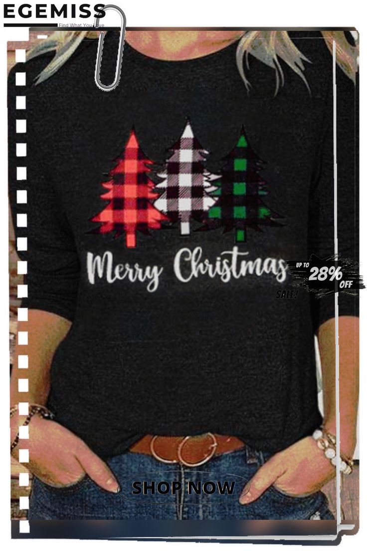 Crew Neck Christmas Casual T-shirt Black Long Sleeve Christmas T-shirt, Casual Letter Print Tops For Festive Occasions, Black Long Sleeve Holiday Shirt, Christmas Graphic Tee With Letter Print, Black Christmas Holiday Top, Black Crew Neck Shirt For Christmas, Black Christmas Tops With Letter Print, Christmas Letter Print Crew Neck Tops, Holiday Graphic Tee With Crew Neck