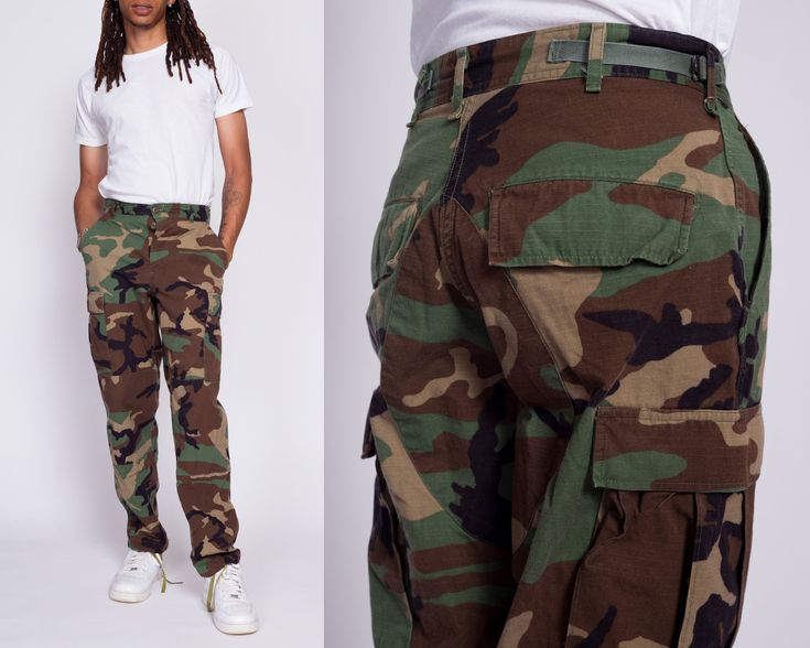 "Vintage mid-rise camo field pants with a button fly, and straps at the waist for an adjustable fit. We have multiple sizes in stock - they are originally sized for men, but can fit unisex. Measurements and Condition: Fabric: Cotton/nylon Condition: Excellent Brand: Various #1:  Tag size: Small Regular (men's sizing - can also fit women's small to medium) to fit waist 27\"-31\", inseam 29.5\"-32.5\" Waist: adjusts from 25\" to 30\" Hips: 40\" - taken at the bottom of the button opening Rise: 10. Military Style Camouflage Cargo Pants, Camouflage Utility Cargo Pants With Belt Loops, Military Style Cargo Pants, Military Cargo Pants With Pockets For Hunting, Camouflage Utility Pants With Belt Loops, Military Camouflage Bottoms With Belt Loops, Military Style Hunting Bottoms With Pockets, Military Hunting Bottoms With Pockets, Military Style Khaki Bottoms For Hunting