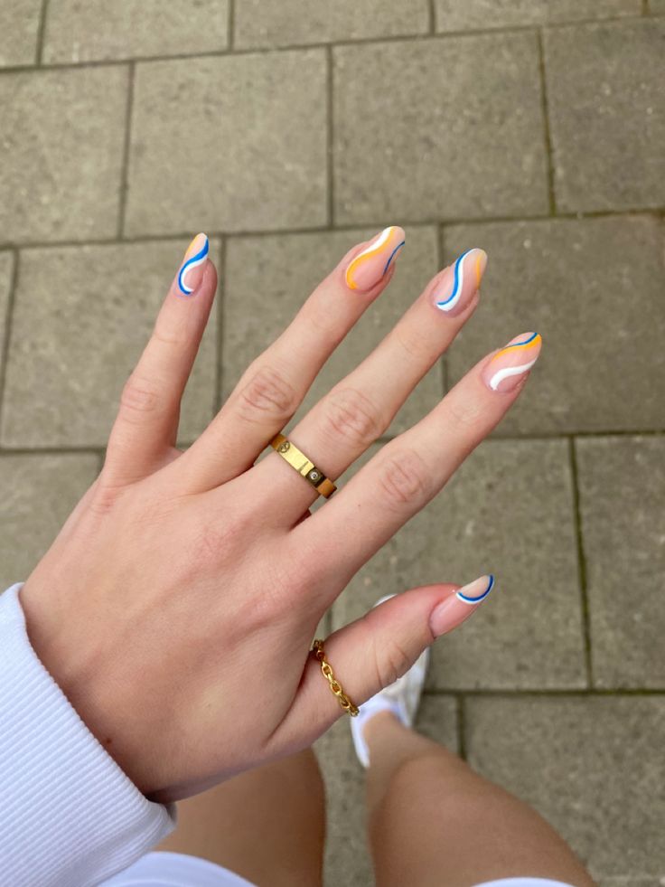 Blue And Orange Swirl Nails, Blue White Orange Nails, Blue White Yellow Nails, Blue And Yellow French Tip Nails, Orange Blue And White Nails, Bluey Themed Nails, Blue And Yellow Nails Designs Summer, Blue Yellow And White Nails, Orange Blue White Nails