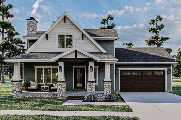 this is an artist's rendering of the front elevation of these craftsman - style home plans