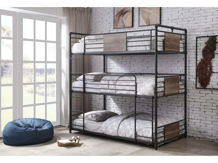 Brantley Sandy Black/Bronze Triple Twin Bunk Bed - Ornate Home Industrial Bunk Beds, Unique Bunk Beds, Triple Bunk Beds, Triple Bunk Bed, Triple Bunk, Twin Bunk Bed, Mattress Foundations, Metal Bunk Beds, Full Bunk Beds