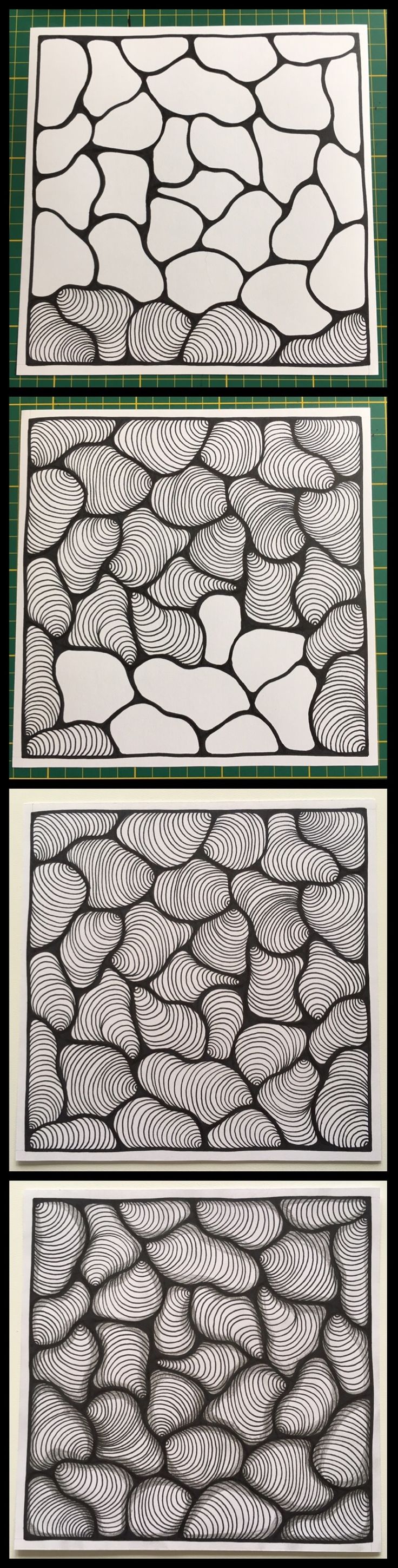 three pictures of different shapes and sizes of the same material, each with an individual's own hand drawn pattern